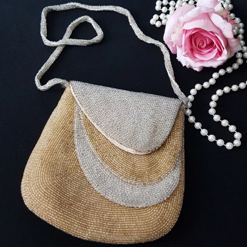 Vintage Beaded Bag, Silver & Gold Beads, Korea